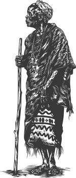 native African tribe elderly woman with engraving style black color only vector