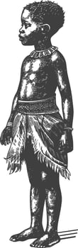 native African tribe little boy with engraving style black color only vector
