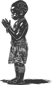 native African tribe little boy with engraving style black color only vector