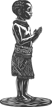 native African tribe little boy with engraving style black color only vector