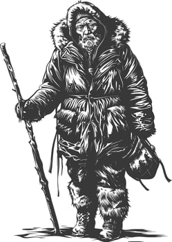 native arctic tribe elderly man with engraving style black color only vector