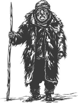native arctic tribe elderly man with engraving style black color only vector