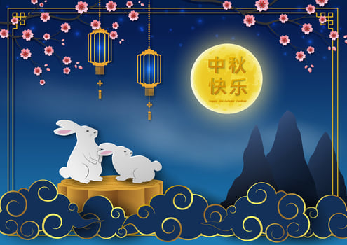 Mid Autumn or Moon Festival,celebrate theme with asian elements and cute rabbits on full moon night,Chinese translate mean Mid Autumn Festival vector
