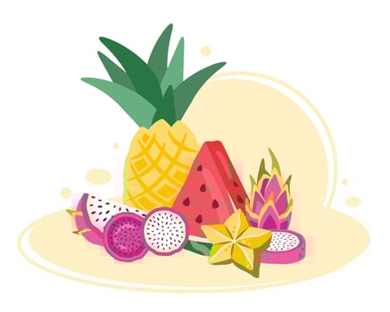 Tropical fruit set. Collection of Fresh Exotic fruits. Natural organic nutrition. Fruit dessert. Healthy food. Pineapple, dragon fruit, watermelon. illustration for labeles, posters, textile vector