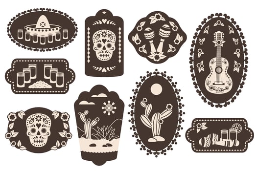 Set of Tequila sticker. Vertical oval Vintage labels with Mexican national elements. Tequila shots. Maracas, guitar, skull, glasses, cactus, hat. illustration for restaurant, menu, bar vector