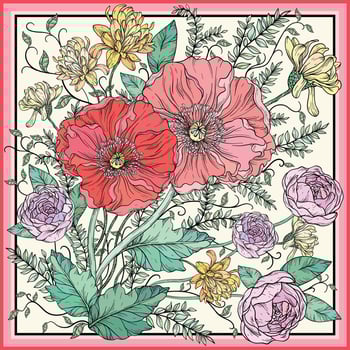 Vintage floral design. Illustration with red Poppies and roses, summer flowers. Floral design. vector