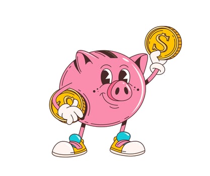 Cartoon retro groovy piggy bank character vector