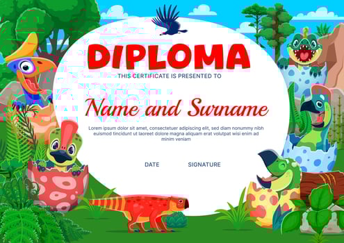 Kids diploma with funny dinosaurs kids in eggs vector