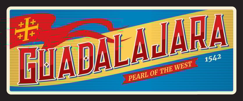 Guadalajara Mexico, retro travel plate vector
