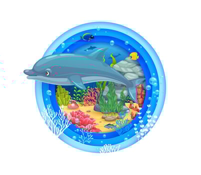 Underwater landscape with dolphin paper cut banner vector