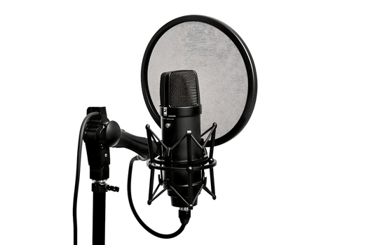 Professional black mic stand and pop filter on transparent background png