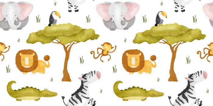Cute baby African jungle animals Lion, zebra, crocodile, elephant, monkey, toucan. Watercolor seamless pattern. Childish background. Safari Print for design kid's goods, cards, fabric vector