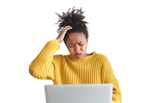 young woman sits in front of a laptop with her hand on her head in a gesture of frustration isolated on a transparent background png
