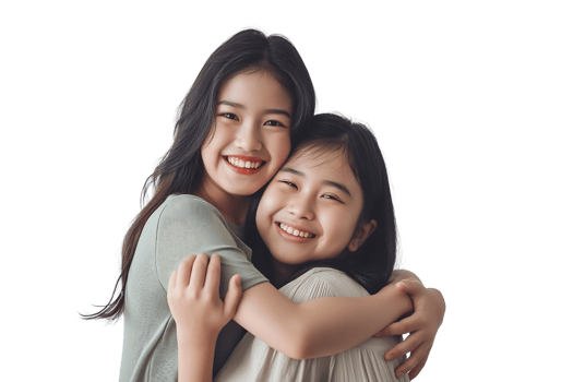 Asian girl with a wide smile tightly embraces her young mother isolated on transparent background png