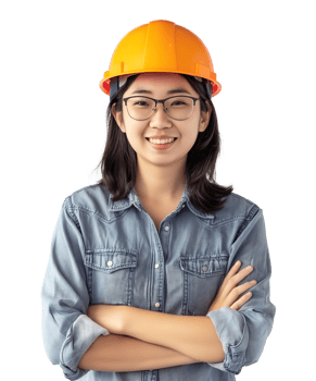 woman wearing a construction helmet is smiling with her arms folded across her chest isolated on a transparent background png