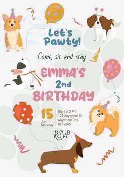 Birthday Pawty Invitation template with cute dogs. Hand-drawn Cavalier king charles spanielin, Corgi, Pomeranian Spitz, French Bulldog and Dachshund with balloons. illustration for party, event vector