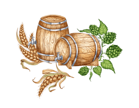 Two wooden barrels with a tap, hops and ears of wheat for beer, wine, cognac, rum, brandy and other alcoholic drinks watercolor illustration. Isolated from the background. Suitable for interior png