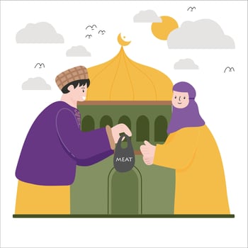 Eid Al Adha mubarak white card. Muslim holiday card with cute sheep, moon and lantern and stars. illustration. vector
