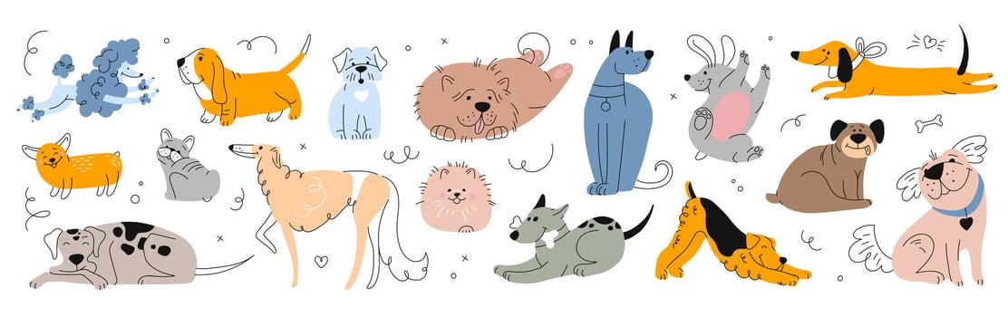 Cute dogs and puppies set, cartoon happy canine vector