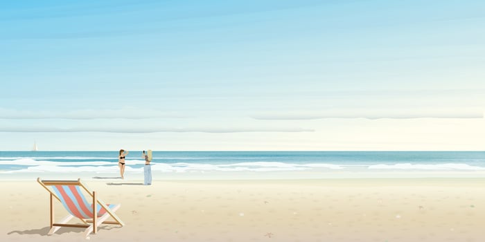 Beach with tropical blue sea and blue sky background have beach chair and far away have woman taking a picture to her friend in bikini suit graphic illustration. vector
