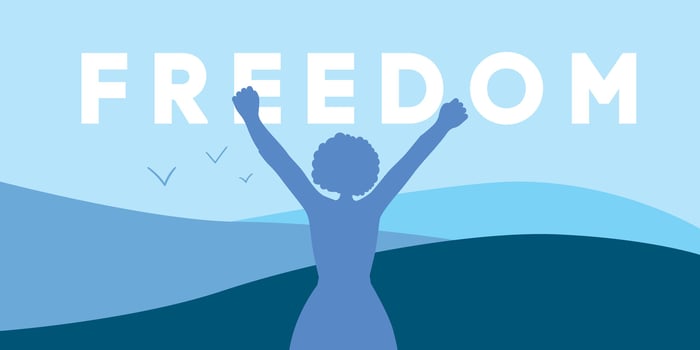 Freedom concept. Woman with her hands raised stands near peaceful landscape. Struggles for women's rights. 8 march. Women's day. Girl power. World without war. Happiness and personal freedom vector