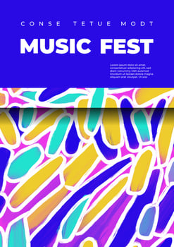 Modern music fest poster template with brush strokes, paint stains, geometric shapes, typography. Hand drawn abstract pattern. Freehand design elements. Minimalist style placard, banner, blank, flyer vector