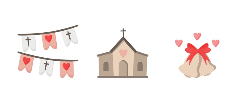 Church for the wedding ceremony, Bells with hearts, Flags on the wedding party vector