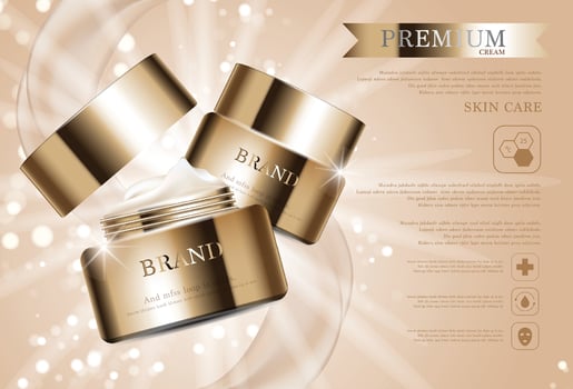 Hydrating facial cream for annual sale or festival sale. gold cream mask bottle isolated on glitter particles background. Graceful cosmetic ads, illustration. vector
