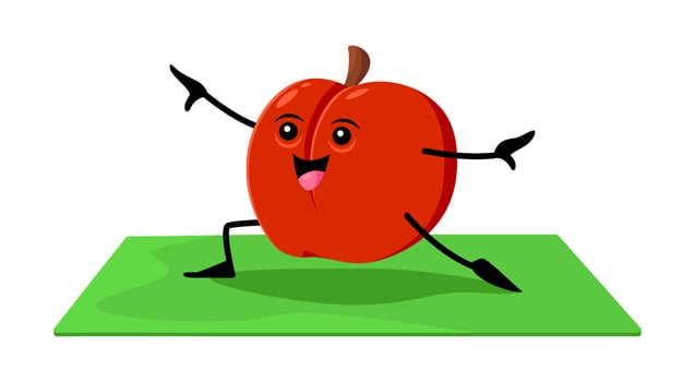 Cartoon red apple fruit character on yoga pilates vector