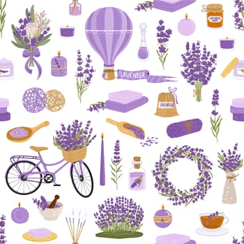 Lavender flowers, herb and bunch seamless pattern vector