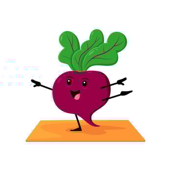 Cartoon beetroot vegetable character on yoga sport vector