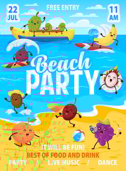 Kids beach party flyer with fruits on vacation vector