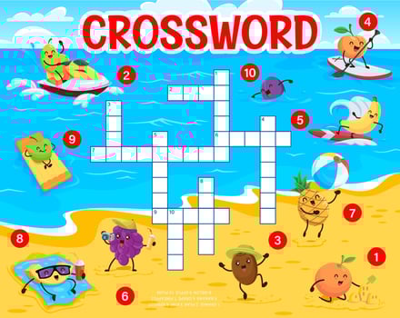 Crossword quiz game with funny fruits on beach vector