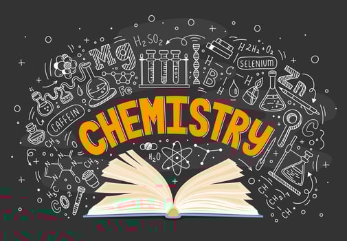 Chemistry textbook and formulas on chalkboard vector