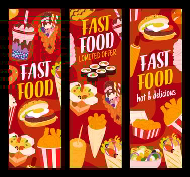 Fat food, desserts and drinks, burger and chicken vector