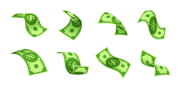 Flying cartoon banknotes or floating dollar money vector