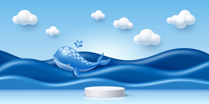 3D kid podium stage, blue sea waves, whale, clouds vector