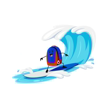 Cartoon backpack school supply riding surfboard vector