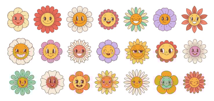 Retro groovy hippie daisy sunflower flower faces vector