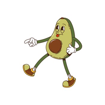Groovy cartoon avocado character, hippie funky art vector