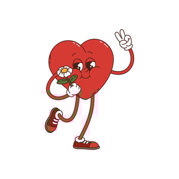 Cartoon funny groovy heart character, hippie funky vector