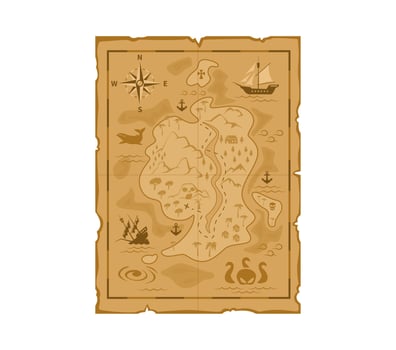 Cartoon pirate treasures map, vintage parchment vector