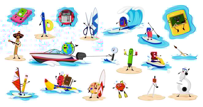 Cartoon school supply characters on summer beach vector