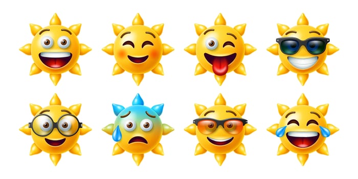 3D sun emoji, cool or cute yellow sunny characters vector