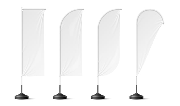 Realistic beach flags, white banner stand mockup vector