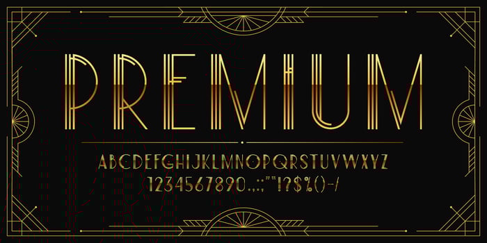 Art deco font, golden type, 1920s elegant typeface vector