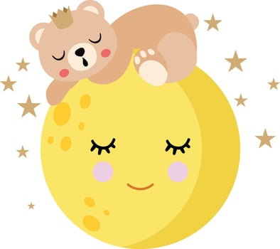 Little teddy bear sleeping on top of cute moon vector