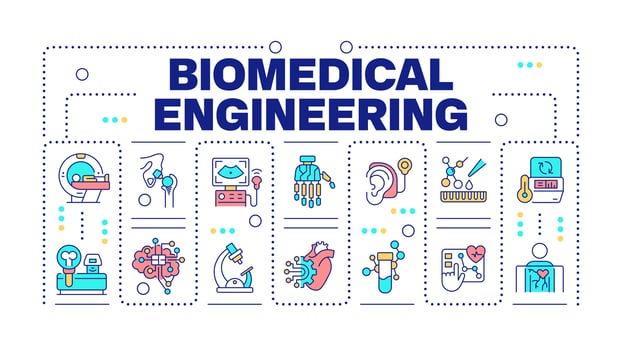 Biomedical engineering word concept isolated on white. Medical technologies. Biotechnology. Creative illustration banner surrounded by editable line colorful icons vector