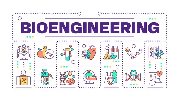 Bioengineering word concept isolated on white. Genetic engineering. Medical devices. DNA. Bioinformatics. Creative illustration banner surrounded by editable line colorful icons vector