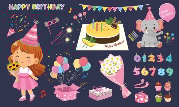Birthday set for girl. Birthday element. Happy birthday. Birthday cake, flower, gift, present, candle, cupcake. conffeti, Flat in cartoon style isolated on dark background. vector